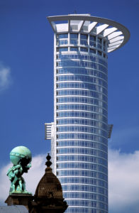 Architecture Contrast, Modern and new: DG Bank Building, old: the Atlas Statue on the Main Railroad Station, Frankfurt am Main, Germany, Architecture Contrast, Modern and new: DG Bank Building, old: the Atlas Statue on the Main Railroad Station, Frankfurt am Main, Germany,